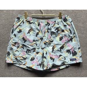 Patagonia Baggies Shorts Men Large Blue Lined Bird Print Hiking Camping Fishing